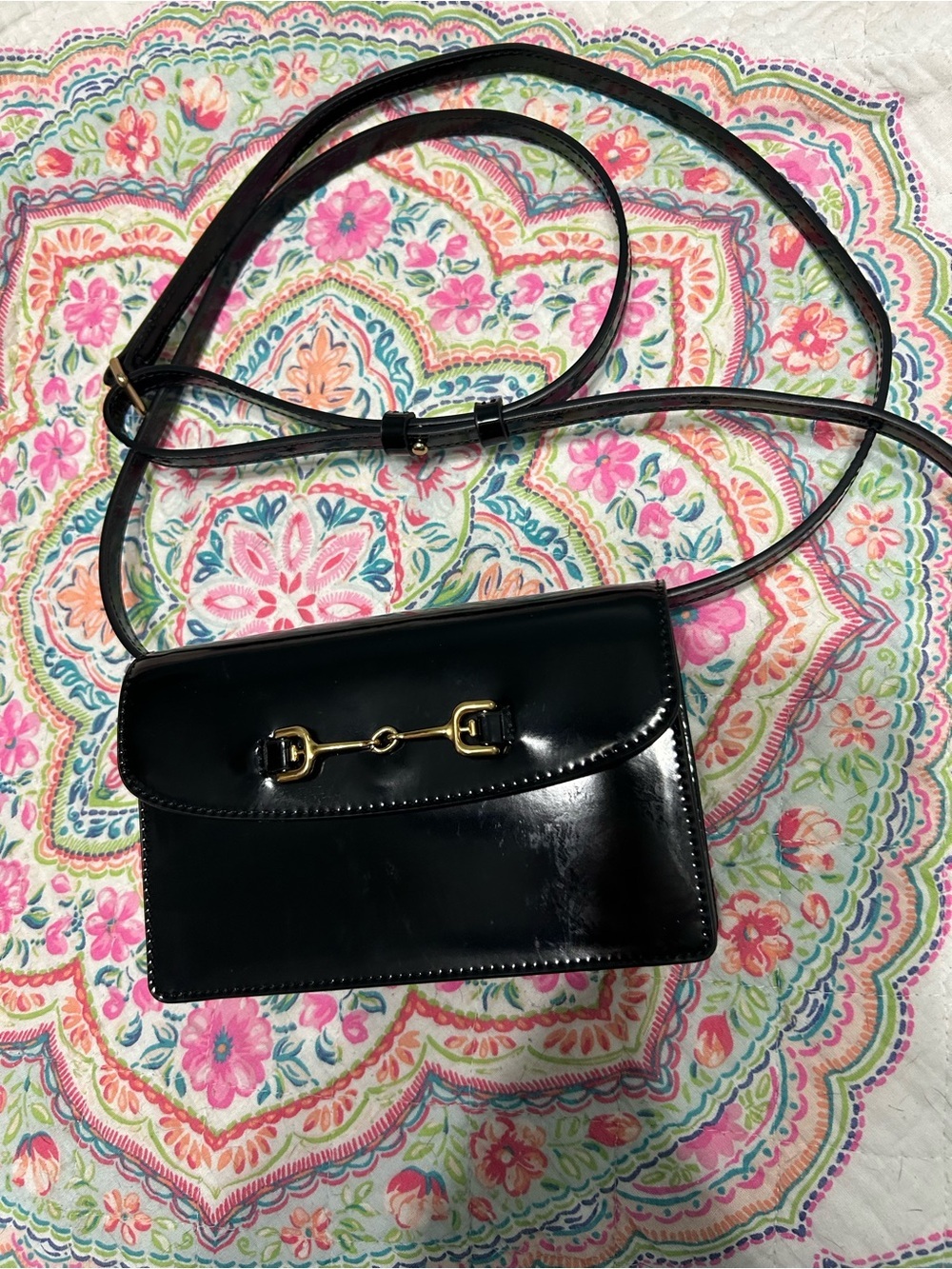 Sam Edelman Loraine crossbody black patent leather gold-tone horse bit like